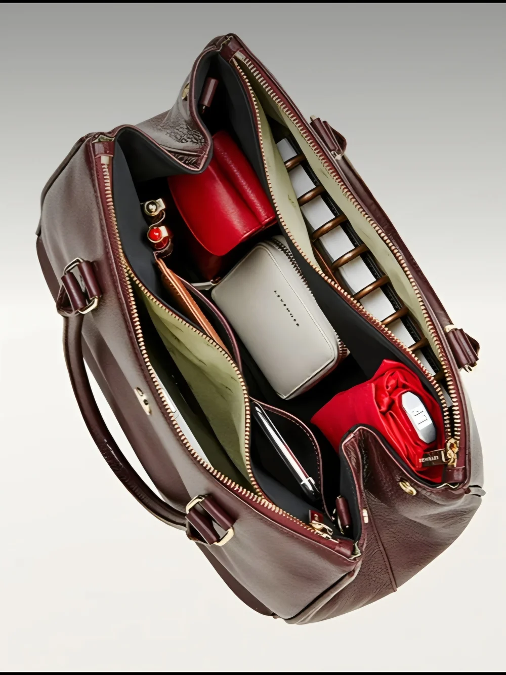 Levenger Burgundy Leather Tote with Gold Hardware